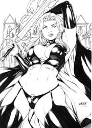 1girls 2024 arm_up artist_name artist_signature big_breasts black_and_white black_clothing black_lingerie cleavage coffin_comics curvy curvy_female ed_benes_studio female female_only garter_straps hand_behind_head holding_sword holding_weapon huge_breasts lady_death large_breasts leo_matos lingerie pinup sketch skull skulls solo solo_female sword twitter twitter_link weapon