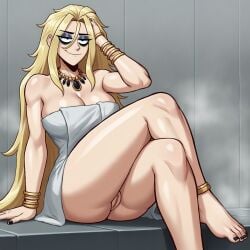 ai_generated blonde_hair cleavage crossed_legs long_hair pussy showing_pussy towel yodayo