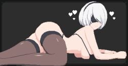 bikini black_thighhighs blindfold breasts highres medium_breasts nier:_automata nier_(series) pixel_art seiko093 shoes swimsuit thighhighs white_hair yorha_2b