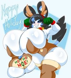 2024 absurd_res anthro ass bailey_(kirbot12) big_breasts big_butt biped breasts christmas clothed clothing digital_media_(artwork) emolga english_text eyelashes female generation_5_pokemon hair hi_res holidays huge_breasts huge_butt huge_hips huge_thighs kirbot12 legwear looking_at_viewer nintendo pokemon pokemon_(species) pupils simple_background smile solo text thick_thighs thigh_highs three-quarter_view wide_hips