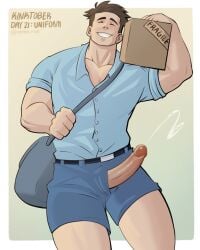 1boy aster_risk cum delivery_employee erection gay grin kinktober mailbag mailman male male_only original_character penis_through_fly tagme uniform yaoi