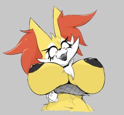 anthro areola arm_under_breasts armwear big_breasts big_ears black_areola black_nipples braixen breast_focus breasts clothing female fishnet_armwear fishnet_clothing generation_6_pokemon huge_breasts looking_at_viewer nintendo nipples pokemon pokemon_(species) solo super_pretendo under_boob yellow_body