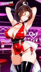 1girls adjusting_panties ai_generated arms_above_head bare_shoulder big_breasts bodycon boosterred99 bridal_gauntlets brown_eyes brown_hair busty cameltoe cleavage closed_eyes clothing_cutout covered_navel covered_nipples cutout dress female female_only king_of_fighters kissing kof large_breasts latex_panties long_hair mai_shiranui parted_lips ponytail post-timeskip ring seductive seductive_smile sensual shiny_clothes side-tie_panties side_locks sideboob skirt smile solo stockings underboob voluptuous