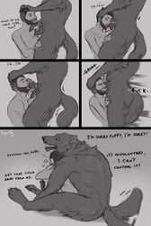 2boys absurd_res anatomically_correct anatomically_correct_genitalia anatomically_correct_penis animal_genitalia animal_penis anthro black_and_white canid canine canine_penis canis comic dialogue duo english_text gay genitals hand_on_head hi_res human human_on_anthro interspecies kissing licking male male/male male_only mammal monochrome oral oral_sex penis profanity sepulte sheath sheath_play signature text wolf