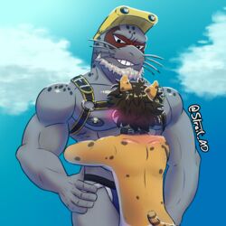 1:1 anthro clothing domestic_cat duo eyewear felid feline felis goggles harness hi_res jockstrap male male/male male_only mammal marine my_hero_academia pinniped seal selkie_(my_hero_academia) simple_background sky spotted_seal streif tagme underwear