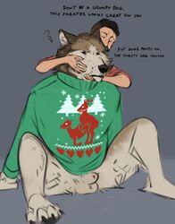 animal_genitalia annoyed anthro balls canid canine canis christmas christmas_clothing clothing face_squish fur genitals hi_res holidays human male male/male mammal reyes_(sepulte) sepulte sheath sitting solo squish sweater topwear wolf