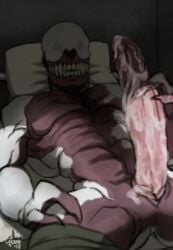 animal_genitalia bed bedroom big_penis bodily_fluids clothed clothing cum erection felixfellow furniture genital_fluids genital_slit genitals humanoid judah looking_at_viewer male masturbation monster pants_down partially_clothed penile penile_masturbation penis pillow sharp_teeth slit solo teeth