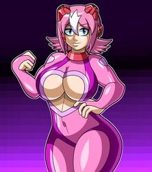 big_breasts blue_eyes breasts female female_focus female_only female_solo light-skinned_female light_skin mega_man mega_man_x nana_(mega_man) pink_hair robot robot_girl rockmangrave short_hair solo solo_female thick_thighs thighs two_tone_hair voluptuous white_hair