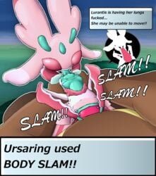 absurd_res anthro bear body_slam_(pokémon_move) chest_bulge dialogue duo emotionless expressionless female forced gameplay_mechanics hi_res internal lurantis male male/female nintendo pokémon_(species) pokémon_battle pokemon pornwhal praxxwhal_(artist) rape sex size_difference status stomach_bulge ursaring user_interface video_games