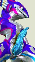 2021 3d_(artwork) 9:16 animal_genitalia animal_penis anthro anthrofied blue_penis cetacean_penis cybernetics digital_media_(artwork) dragon erection genital_slit genitals green_eyes hi_res intake living_machine machine male mecha penis purple_body sdx3 sharp_teeth simple_background slit solo tapering_penis teeth tongue tongue_out vehicle zbrush