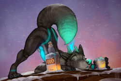 2021 4_toes 5_fingers alcohol anchee anthro ass_up balls beverage blue_eyes blue_pawpads blue_penis canid canid_demon canine demon digital_media_(artwork) erection eyebrows eyelashes feet fingers genitals glowing glowing_tail green_nose hellhound horn ice male mammal nude pawpads penis snow solo toes