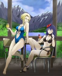 2girls alternate_costume bare_legs bikini black_bikini black_swimsuit breasts byleth_(fire_emblem) byleth_(fire_emblem)_(female) byleth_(summer)_(fire_emblem)_(female) cape crossover female female_only fire_emblem fire_emblem:_three_houses fire_emblem_heroes flower glynda_goodwitch hair_flower multiple_girls nintendo official_alternate_costume one-piece_swimsuit outdoors rwby sandals swimsuit vidolus