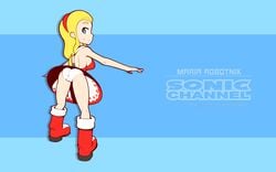 alternate_breast_size alternate_costume amy_rose_(cosplay) blonde_hair cameltoe dress from_behind happy headband maria_robotnik panties red_boots red_dress red_headband sega sideboob smile sonic_(series) sonic_channel sonic_the_hedgehog_(series) supersegasonicss tail white_panties yellow_tail