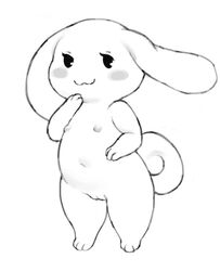 2016 anthro black_and_white crookedtrees curled_tail female flat_chested floppy_ears genitals hand_on_cheek lagomorph leporid looking_at_viewer mammal monochrome navel nipples noseless pussy rabbit shortstack simple_background solo standing unknown_species white_background