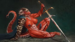 16:9 1futa 2021 abs anthro armor black_nipples black_penis black_sclera breasts cape claws clothing digital_media_(artwork) dragonborn erection fangs finger_claws futanari gauntlets genitals gloves gynomorph handwear headgear helmet hi_res holding_object holding_sword holding_weapon horn humanoid_genitalia humanoid_penis intersex kronte looking_at_viewer melee_weapon muscular muscular_gynomorph muscular_intersex nipples pauldron penis pink_eyes red_body reptile scalie sitting solo sword text toe_claws url vambraces weapon white_body widescreen zweihander