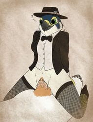 anthro avian bedroom_eyes bird black_tie_(suit) bodily_fluids bottomless bow_tie classy clothed clothing cowgirl_position falcon falconid fedora female fish_birb fishnet from_front_position genital_fluids genitals hat headgear headwear hi_res katie_(fish_birb) legwear male male/female narrowed_eyes on_bottom on_top penetration penis peregrine_falcon pussy pussy_juice seductive sex solo stockings suit vaginal_penetration vaginal_penetration