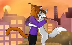 2021 anthro anthro_on_anthro bis_(mrbishead) bitesy black_bottomwear black_clothing black_nose black_pants bottomwear brave_(dbravefurry113) brown_body brown_fur brown_hair canid canine canis caracal caracal_(genus) casual_nudity city clothed clothed/nude clothed_male_nude_male clothing duo embrace felid feline fur genitals grey_body grey_fur hair hi_res hoodie hug male male/male mammal nude nudist outside pants penis pink_penis purple_clothing purple_topwear sunset topwear wolf