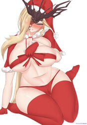 1girls abs absurd_res belly_button big_breasts blonde blonde_hair blush breast_press breast_squish breasts christmas christmas_outfit embarrassed female genshin_impact gloves hair_ornament hair_over_one_eye hand_on_breast hi_res highres hips huge_breasts large_breasts light-skinned_female light_skin long_hair looking_away looking_pleasured midriff on_knees panties plain_background pleasure_face red_gloves red_panties red_stockings ribbon ribboned_body santa_costume santa_hat shiny_skin signora_(genshin_impact) simple_background sitting sitting_on_floor solo stockings stukov suggestive thick thick_thighs thigh_highs thighhighs thighs underwear waist white_background wide_hips