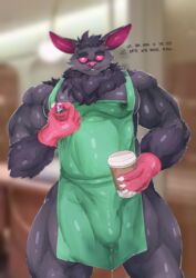 absurd_res anthro bodily_fluids breast_milking cafe chest_fur chiropteran clothing cum cum_leaking f1shsticker genital_fluids hi_res iced_latte_with_breast_milk lactating lactating_through_clothing male male/male mammal meme milk muscular solo wet wet_clothing