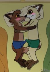 2boys 3_toes 4_fingers absurd_res anthro barefoot bed bedroom blush boop brown_body brown_fur brown_markings brown_pawpads bulge bulge_frottage caffeinatedhornfox canid canine clothed clothing denni_(caffeinatedhornfox) digital_media_(artwork) duo english_text entwined_tails erection fangs feet fingers fox frottage frottage_through_clothing fur furniture gay hi_res luxi_the_coffee_fox male male/male male_only mammal markings nose_boop pawpads paws procyonid raccoon sex smile tail_coil text toes tongue tongue_out topless underwear white_markings yaoi yellow_body yellow_eyes yellow_fur