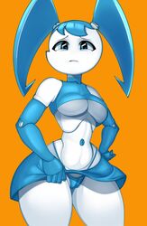 android blue_eyes blue_hair bottomwear breasts cameltoe clitoris_outline clothing digital_media_(artwork) female frown genitals hair humanoid jenny_wakeman lifting_skirt looking_at_viewer machine milky_way_(artist) miniskirt my_life_as_a_teenage_robot nickelodeon not_furry orange_background presenting robot robot_humanoid simple_background skirt small_waist solo standing thick_thighs thong tight_clothing twintails under_boob underwear white_body wide_hips