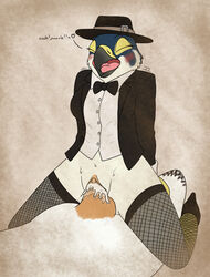 anthro avian bird black_tie_(suit) blush bodily_fluids bottomless bow_tie classy clothed clothing cowgirl_position cum cum_in_pussy cum_inside falcon falconid fedora female fish_birb fishnet from_front_position genital_fluids genitals hat headgear headwear hi_res katie_(fish_birb) legwear male male/female no_underwear on_bottom on_top orgasm orgasm_face penetration penis peregrine_falcon pussy sex solo stockings suit vaginal_penetration vaginal_penetration