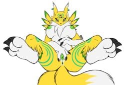 2_tails 3_fingers 3_toes anthro anus areola bandai_namco biped black_claws black_sclera blush breasts canid canine chest_tuft claws digimon digimon_(species) ear_piercing ear_ring facial_markings feet female fingers fox fur furry furry_only genitals gloves_(marking) green_eyes green_markings green_nipples green_pussy hand_on_stomach head_markings hi_res jade_xaryu lamont786 leaning leaning_back leg_markings looking_at_viewer mammal markings multi_tail naked nipples nude paws piercing presenting presenting_pussy pussy renamon renamon_x simple_background socks_(marking) solo spread_pussy spreading tail toes tuft white_background white_body white_fur yellow_body yellow_fur yin_yang