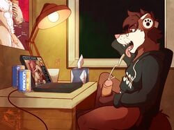 2021 4:3 anthro black_clothing black_topwear bodily_fluids bottomless brown_body brown_fur chair clothed clothing computer cum cumshot dated domestic_ferret ejaculation english_text eyewear fur furniture genital_fluids genitals glasses headphones hi_res humanoid_genitalia humanoid_penis lamp laptop male male_only mammal masturbation mustela mustelid musteline night open_mouth pencil_(object) penile penile_masturbation penis pink_tongue plant side_view sitting solo teeth text tissue_box tongue tongue_out topwear tree true_musteline ventkazemaru whiskers window