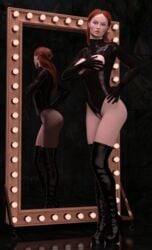 1girls 3d 3d_(artwork) actress boots breast_cutout breast_grab breasts celebrity daz3d daz_studio female female_only game_of_thrones high_heel_boots high_heels human human_only latex latex_gloves latex_suit leather_boots leotard light-skinned_female light_skin mirror pin3d platform_heels pubic_hair sansa_stark solo sophie_turner