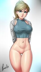 angela_(doodlepoodle) angela_palmer blonde_hair blue_eyes bottomless commission dirty_blonde_hair female female_only freckles hair high_ponytail hoodie nipples_visible_through_clothing ponytail renardart standing tank_top