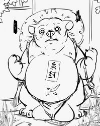 2021 anthro balls belly big_balls canid canine clothing genitals hat headgear headwear humanoid_hands kemono kurobosi_48 male mammal moobs navel nipples outside overweight overweight_male raccoon_dog solo tanuki underwear