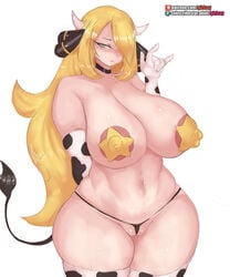 1girls alternate_breast_size big_breasts blonde_hair breasts covered_nipples cow_bikini cow_ears cow_horns cow_print cynthia_(pokemon) erect_nipples erect_nipples_under_clothes female girlsay hair_ornament huge_breasts large_breasts long_hair micro_bikini nintendo pasties pokemon pokemon_(trainer) pokemon_dppt solo solo_female standing star_pasties tail thick_thighs thighhighs thighs thong venus_body wide_hips yellow_pasties