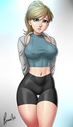 angela_(doodlepoodle) angela_palmer bike_shorts blonde_hair blue_eyes commission dirty_blonde_hair freckles hair high_ponytail hoodie nipples_visible_through_clothing ponytail renardart spats standing tank_top