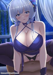 1boy artist_name azur_lane bare_shoulders black_legwear black_panties blue_choker blue_dress blue_eyes blue_flower blue_gloves blue_rose breasts censored choker cleavage criss-cross_halter dress eyebrows_visible_through_hair female flower gloves halter_dress halterneck hellandheaven highres huge_breasts illustrious_(azur_lane) illustrious_(never-ending_tea_party)_(azur_lane) lace-trimmed_legwear lace_trim long_hair mole mole_under_eye mosaic_censoring night official_alternate_costume outdoors panties rose sex sleeveless sleeveless_dress spread_legs straight tri_tails underwear vaginal_penetration very_long_hair white_hair