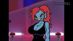 1girls animated anthro blue_skin bouncing_breasts breasts cleavage clothed deltarune grin huge_breasts red_hair trickster trickster_(artist) undertale undyne yellow_eyes