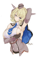 arm_under_breasts arm_up armpit armpit_fetish big_breasts blonde_hair blue_eyes breast_hold capelet colorado_(kantai_collection) crown_braid curly_hair detached_sleeves female female_only gloves headgear headwear kantai_collection looking_at_viewer necktie no_bra sideboob sleeveless_shirt solo tg290