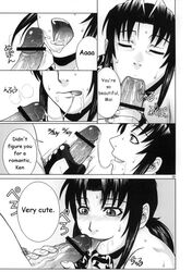 azasuke big_penis black_lagoon blowjob censored comic dialogue fellatio female kissing monochrome okajima_rokuro revy