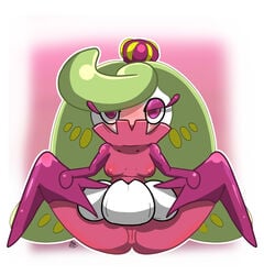 anthro anvil_head blush female fruit green_hair pokemon royalty solo spread_legs tsareena