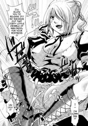 beelzebub_(manga) big_breasts bootjob boots cum cumming dialogue femdom furuichi_takayuki hilda_(beelzebub) huge_breasts itou_eight maid maid_uniform panties shoejob