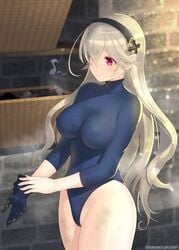 1girls alternate_costume bangs bare_thighs breasts corrin_(fire_emblem) corrin_(fire_emblem)_(female) covered_nipples female female_only fire_emblem fire_emblem_fates gloves hairband halterneck happy highleg highleg_leotard kashiwamochi_yomogi large_breasts leotard nintendo red_eyes shiny shiny_skin silver_hair skin_tight skindentation smile solo stone_wall thick_thighs thighs wall window