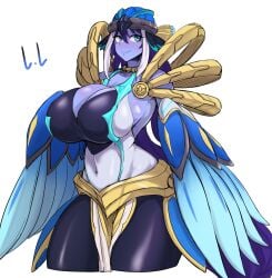 anthro arm_wings armor big_breasts bird bird_girl bird_wings blue_eyes cleavage curvy exabyte female harpy huge_breasts lyrilusc lyrilusc_ensemblue_robin mature_female midriff parallax05 purple_skin solo_female wide_hips winged_arms wings yu-gi-oh!