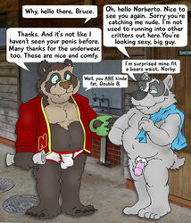 2021 anthro badger balls black_body brucebadger bulge cute_fangs duo english_text flaccid genitals grey_body humanoid_genitalia humanoid_hands humanoid_penis male male/male mammal mature_male mustelid musteline overweight overweight_male penis pubes spectacled_bear text towel tremarctine ursid