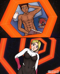 1boy 1girls asymmetrical_hair belly big_breasts black_hair blonde_hair blue_eyes blush breasts caught caught_masturbating dark-skinned_male dark_skin female gwen_stacy human human_only light-skinned_female light_skin male marvel masturbation miles_morales muscular_male naked nipples nude nude_male penis shaved_side spider-gwen spider-man:_across_the_spider-verse spider-man_(series) straight tejorooj thick_thighs underwear