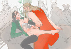 2boys adoptive_siblings asgard asgardian audience beard ejaculation ejaculation_while_penetrated erect_while_penetrated erection facial_hair gay gay_domination human human_only implied_anal light-skinned_male light_skin loki_(marvel) long_hair_male love male male_only male_penetrated maledom malesub marvel marvel_cinematic_universe marvel_comics mjolnir muscular_male partially_clothed penis pinned public_sex restrained step-incest testicles thor:_ragnarok thor_(marvel) thor_(series) yaoi