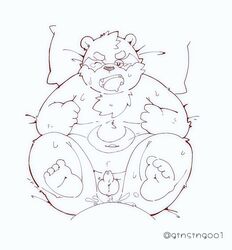 2021 alp_(tokyo_afterschool_summoners) anthro balls belly duo erection genitals giant_panda ginsingoo1 kemono lifewonders lying male male/male mammal navel one_eye_closed overweight overweight_male penis pillow sex small_penis solo_focus tokyo_afterschool_summoners ursid video_games young