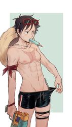 1boy 1male abs bandana blush bracelet dark_hair hat male male_only mokomoko_555 monkey_d_luffy muscles nipples one_piece popsicle scar shirtless solo straw_hat sweat sweating thigh_squish watergun