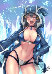 1girls alternate_breast_size artist_signature ass_visible_through_thighs bangs bikini blue_eyes blue_hair blush breasts colored cosplay dawn_(pokemon) dialga_(cosplay) female game_freak gem gemstone hand_on_hip hood hoodie huge_breasts ice long_sleeves looking_at_viewer navel nintendo one_eye_closed pokemon pokemon_(cosplay) pokemon_dppt smile smiling smiling_at_viewer tagme takecha wink winking winking_at_viewer