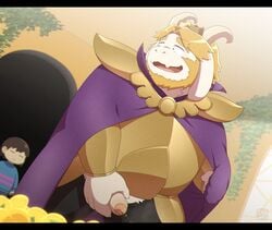 2021 anthro armor asgore_dreemurr bodily_fluids boss_monster bovid bovine cape caprine clothing crown detailed_background flower frisk fur genital_fluids genitals horn humanoid_genitalia humanoid_hands humanoid_penis kemono male mammal masturbation mature_male overweight overweight_male peeing penile_masturbation penis penta002 plant undertale undertale_(series) urine video_games white_body white_fur