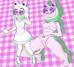 2021 adjusting_eyewear adjusting_glasses adjusting_sunglasses animal_crossing animal_crossing_girl animal_crossing_new_horizons chinigan clothed cosplay costume eyebrows frog frog_costume glaring heart_shaped_sunglasses hood lifting_skirt looking_at_viewer nintendo only_player panties purple-tinted_eyewear shoes simple_background sketch skirt socks spreading_legs suggestive suggestive_look sunglasses tinted_eyewear villager_(animal_crossing)