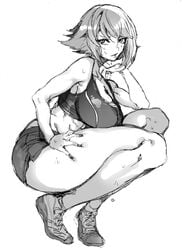 breasts female greyscale hohehohe kantai_collection large_breasts monochrome mutsu_(kantai_collection) short_hair short_shorts shorts solo squatting tank_top thick_thighs thighs